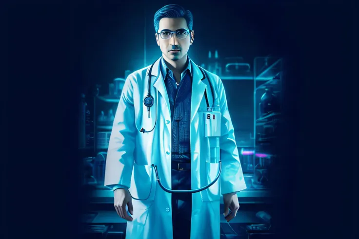 retrato hiper-realista, ultra detalhado, Imagem de um homem de jaleco parado em frente a um fundo futurista, lab coat, cientista de fantasia masculino magro, cientista de elite, medic, scientific fiction, scientist, vestindo jaleco, medic, highes definitio...