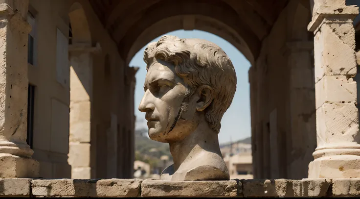 Ancient Stoic Statue With Very Angry Expression, tem barba, muitos detalhes em ambos os olhos, Outside, fundo atenas grego, open sky, com rosto extremamente detalhado full body view, Colors with low saturation with dark tone, Filmado em Sony A7S III com So...