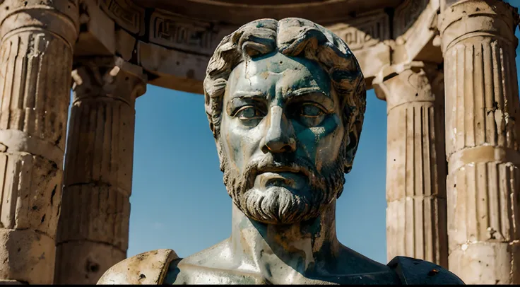 Ancient Stoic Statue With Very Angry Expression, tem barba, muitos detalhes em ambos os olhos, Outside, fundo atenas grego, open sky, com rosto extremamente detalhado full body view, Colors with low saturation with dark tone, Filmado em Sony A7S III com So...