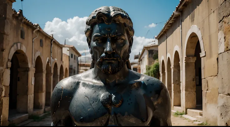 Ancient Stoic Statue With Very Angry Expression, tem barba, muitos detalhes em ambos os olhos, Outside, fundo atenas grego, open sky, com rosto extremamente detalhado full body view, Colors with low saturation with dark tone, Filmado em Sony A7S III com So...