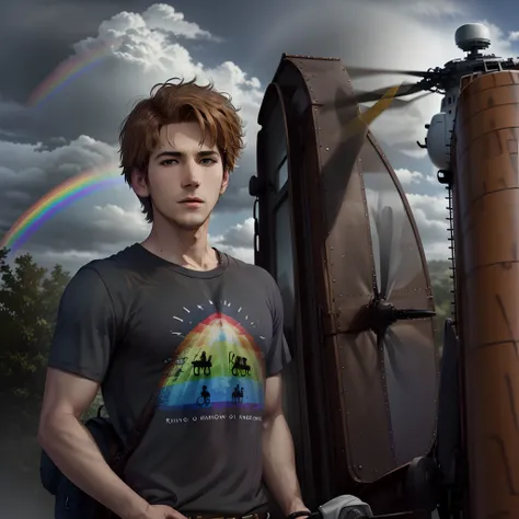 very short brown hair pixar like man with a helicopter in the background and a rainbow he is also wearing a rainbow t shirt