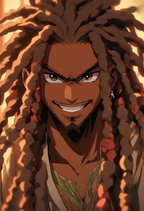 mixed raced man standing in a photography studio, friendly smile, brown eyes, wearing black, long rasta dread locs, high resolution