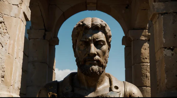 Ancient Stoic Statue With Very Angry Expression, tem barba, muitos detalhes em ambos os olhos, Outside, fundo atenas grego, open sky, com rosto extremamente detalhado full body view, Colors with low saturation with dark tone, Filmado em Sony A7S III com So...