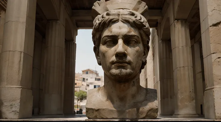 Ancient Stoic Statue With Very Angry Expression, tem barba, muitos detalhes em ambos os olhos, Outside, fundo atenas grego, open sky, com rosto extremamente detalhado full body view, Colors with low saturation with dark tone, Filmado em Sony A7S III com So...