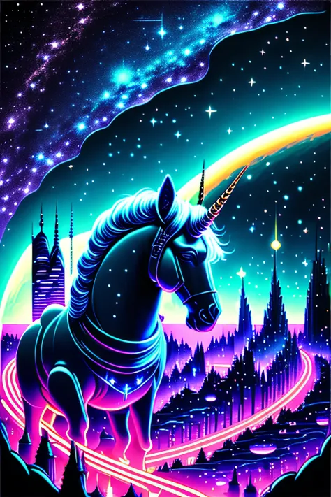 In a "neon-noir" visual theme, a unicorn cosmonaut discovers a magnificent alien city in space with the Milky Way visible, it is very detailed and textured and spiralling