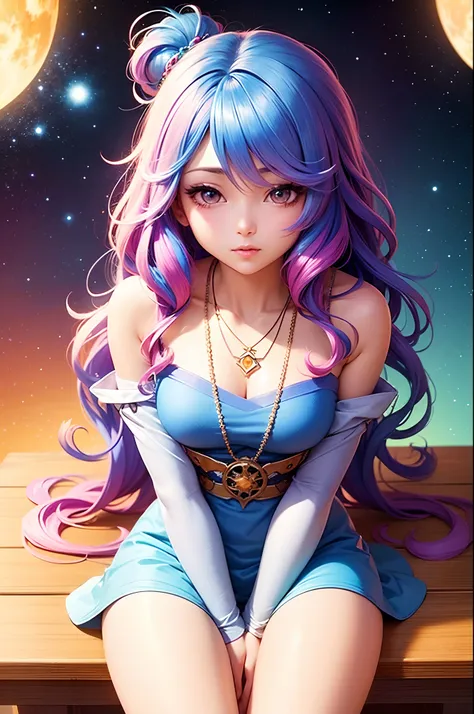 Close-up of a woman with colorful hair and necklace, anime girl with cosmic hair, Rossdraws soft vibrancy, Gouviz-style artwork, fantasy art style, colorful], vibrant fantasy style, Rossdraws cartoon full of energy, cosmic and colorful, Guweiz, colorful di...