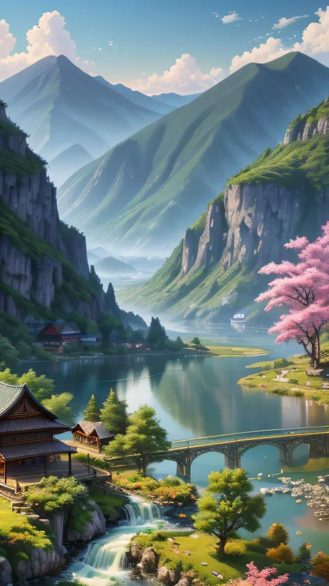 Wallpapers，scenecy，Far Mountain，Eau，Traditional Gangnam，idyllic scenery，（Very detailed CG unity 8K wallpaper），most beautiful artwork in the world，iintricate，high detal，sharp fokus，dramatics，Realistic painting art