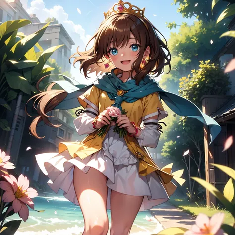 solo, pure happiness, broad light, contrast, Ultra-detailed, (Realistic, Photorealistic:1.2), vibrant colors, lonesome beach landscape background, falling petals, cute lonely mean selfish 1girl princess, holding a bouquet of flowers, running, laughing, XD,...