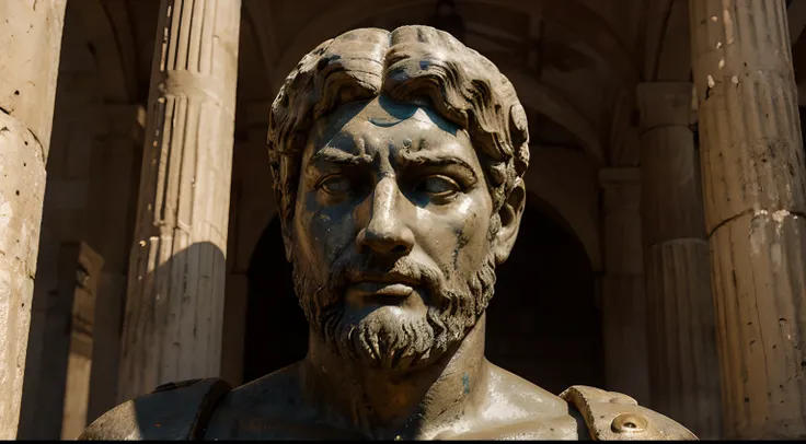 Ancient Stoic Statue With Very Angry Expression, tem barba, muitos detalhes em ambos os olhos, Outside, fundo atenas grego, open sky, com rosto extremamente detalhado full body view, Colors with low saturation with dark tone, Filmado em Sony A7S III com So...