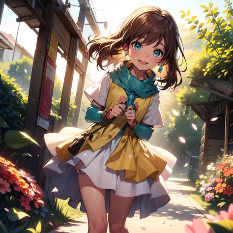 solo, pure happiness, broad light, contrast, Ultra-detailed, (Realistic, Photorealistic:1.2), vibrant colors, lonesome beach landscape background, falling petals, cute lonely mean selfish 1girl princess, holding a bouquet of flowers, running, laughing, XD,...