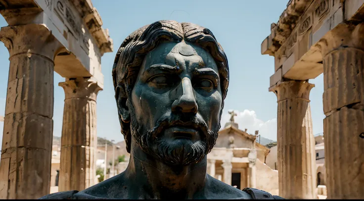 Ancient Stoic Statue With Very Angry Expression, tem barba, muitos detalhes em ambos os olhos, Outside, fundo atenas grego, open sky, com rosto extremamente detalhado full body view, Colors with low saturation with dark tone, Filmado em Sony A7S III com So...