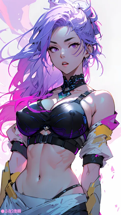 Masterwork, Best Quality, ultra-detailed, dynamic lighting, a close up of a woman with a purple hair and a black bra top, artwork in the style of guweiz, gigantic breasts, cleavage, oversized breasts, sexy body, Curvy, nipples