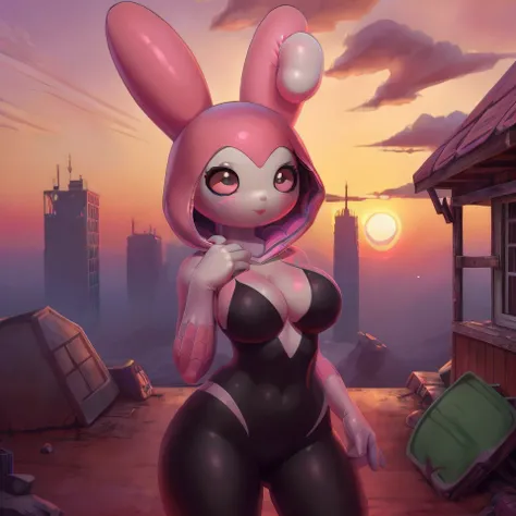 (mymelody), (solo), curvy body, boobs, hooded bodysuit, spidergwen, full body, standing, (pink spider symbol on her chest), (sun...