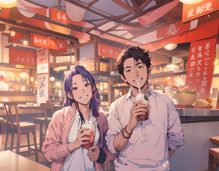 Anime realistic 8k resolution cute anime couple change background into a restaurant ultra realistic. Change my photo into the perfect anime character. dont change the color hair colors of both characters let them brown or black.