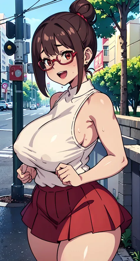 (Perfect body),Best Quality,(8K Portrait),(Official art)、NSFW、adult  woman、fatness、(((Brown-skinned)))、Red-rimmed glasses、embarrassed from、1girl in,(((:D)))、Wavy mouth、Surprised、(blush),(Sweat),(((large udder)))、(thick thighs)、(big butts)、(thick hair of da...