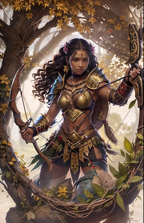 (a high-resolution, realistic) Light skinned black girl, druid in the style of Dungeons and Dragons, holding a bow, with the bow drawn and taking aim at an orc. The girl is dressed in armor made entirely of leaves.

Additional details: The girl has intrica...