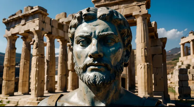 Ancient Stoic Statue With Very Angry Expression, tem barba, muitos detalhes em ambos os olhos, Outside, fundo atenas grego, open sky, com rosto extremamente detalhado full body view, Colors with low saturation with dark tone, Filmado em Sony A7S III com So...