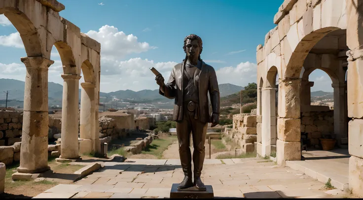 Ancient Stoic Statue With Very Angry Expression, tem barba, muitos detalhes em ambos os olhos, Outside, fundo atenas grego, open sky, com rosto extremamente detalhado full body view, Colors with low saturation with dark tone, Filmado em Sony A7S III com So...