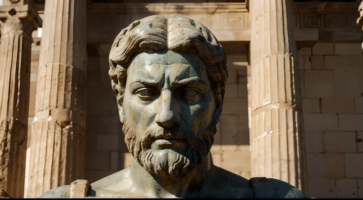 Ancient Stoic Statue With Very Angry Expression, tem barba, muitos detalhes em ambos os olhos, Outside, fundo atenas grego, open sky, com rosto extremamente detalhado full body view, Colors with low saturation with dark tone, Filmado em Sony A7S III com So...