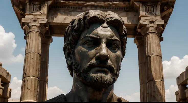 Ancient Stoic Statue With Very Angry Expression, tem barba, muitos detalhes em ambos os olhos, Outside, fundo atenas grego, open sky, com rosto extremamente detalhado full body view, Colors with low saturation with dark tone, Filmado em Sony A7S III com So...