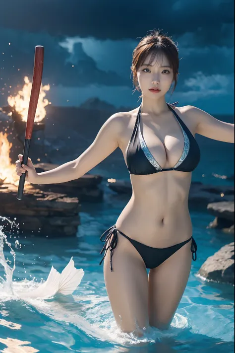 there is a woman in a bikini holding a baseball bat, nami from one piece, nami one piece, deviantart artstation cgscosiety, splashes of lightning behind her, epic digital art illustration, goddess of lightning, epic fantasy digital art style, epic fantasy ...