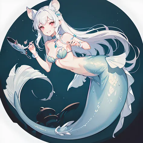 Pretty anthropomorphic mouse girl turned into a mermaid, long fangs, is smiling, drawn in anime style, fishlike, very long curly white hair, red eyes, white fur, slim body, whiskers, mouse ears, long mermaid tail below waistline, pelvic and dorsal fins, a ...