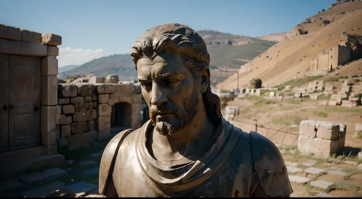 Ancient Stoic Statue With Very Angry Expression, tem barba, muitos detalhes em ambos os olhos, Outside, fundo atenas grego, open sky, com rosto extremamente detalhado full body view, Colors with low saturation with dark tone, Filmado em Sony A7S III com So...