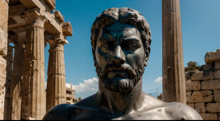 Ancient Stoic Statue With Very Angry Expression, tem barba, muitos detalhes em ambos os olhos, Outside, fundo atenas grego, open sky, com rosto extremamente detalhado full body view, Colors with low saturation with dark tone, Filmado em Sony A7S III com So...