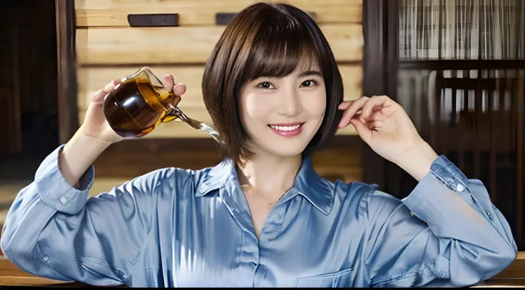 88
(a 20 yo woman,is standing), (A hyper-realistic), (masutepiece), ((short-hair:1.46)), (Smooth black hair), (Breast:1.0), (kindly smile), wear long pants, (Wearing a long-sleeved shirt), (Beautiful skin:1.5), (Drinking beer)