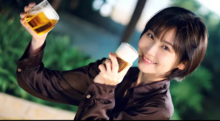 88
(a 20 yo woman,is standing), (A hyper-realistic), (masutepiece), ((short-hair:1.46)), (Smooth black hair), (Breast:1.0), (kindly smile), wear long pants, (Wearing a long-sleeved shirt), (Beautiful skin:1.5), (Drinking beer)