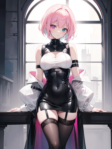 pink hair,heterochromia, short hair, Solo, Black stockings,{{Best quality}}, {{Masterpiece}}, {{Ultra-detailed}}, {illustration}, {Detailed light}, {An extremely delicate and beautiful},sexy, leather clothes, looking at viewer