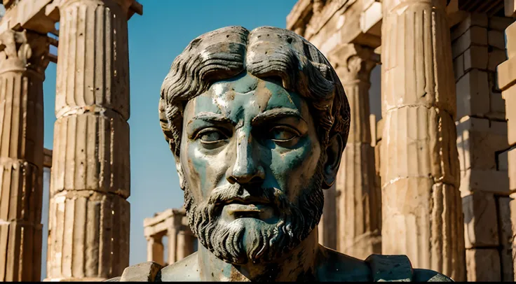 Ancient Stoic Statue With Very Angry Expression, tem barba, muitos detalhes em ambos os olhos, Outside, fundo atenas grego, open sky, com rosto extremamente detalhado full body view, Colors with low saturation with dark tone, Filmado em Sony A7S III com So...