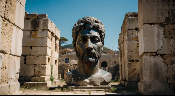 Ancient Stoic Statue With Very Angry Expression, tem barba, muitos detalhes em ambos os olhos, Outside, fundo atenas grego, open sky, com rosto extremamente detalhado full body view, Colors with low saturation with dark tone, Filmado em Sony A7S III com So...