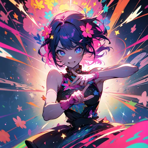 abstract art, psychedelia theme, one idol girl, she dances in sync with the world, wearing shocking pink gloves, (body scale accuracy:1.3), (hand and five finger accuracy:1.3), colorful figure, dignified expression of her face, flowers blooming crazy, bloo...