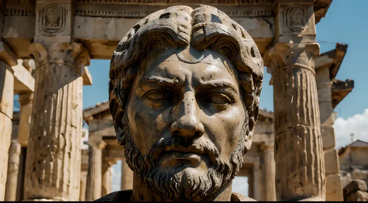 Ancient Stoic Statue With Very Angry Expression, tem barba, muitos detalhes em ambos os olhos, Outside, fundo atenas grego, open sky, com rosto extremamente detalhado full body view, Colors with low saturation with dark tone, Filmado em Sony A7S III com So...