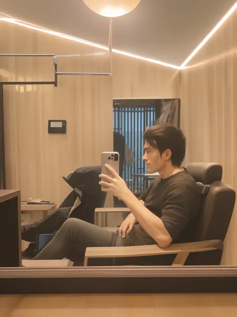 there is a man(eren yeager) sitting in a chair using a cell phone,eren yeager from attack on titan,looking at his phone, mirror selfie, by Kanbun Master, 8k selfie photograph, with short hair, captured on iphone, shot with iphone 1 0, taken with sony alpha...