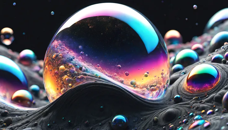 The infinite expanse of the cosmic sea, filled with incandescent bubbles. Each bubble acts as a delicate glass case, sketching out its own universe, filled with vibrant galaxies that swirl like iridescent opals. The stark contrast of the kaleidoscopic colo...