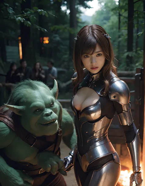 top-quality、​masterpiece、超A high resolution、(Photorealsitic:1.4)、Raw photo、女の子1人、Fight mutants、glowy skin、(((1 Mechanical Girl)))、（Red Metal Bodysuit）、((Random Hair Styles)),(Fight goblings、ogre、Fierce battle with orcs),（Fight fiercely against aliens）、(bea...