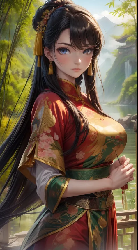 (best quality,highres,masterpiece:1.2),ultra-detailed,(realistic,photorealistic,photo-realistic:1.37),traditional,Chinese elements,beautiful detailed eyes,lush vegetation,stunning landscape,fierce and determined expression,traditional Chinese outfit,ancien...