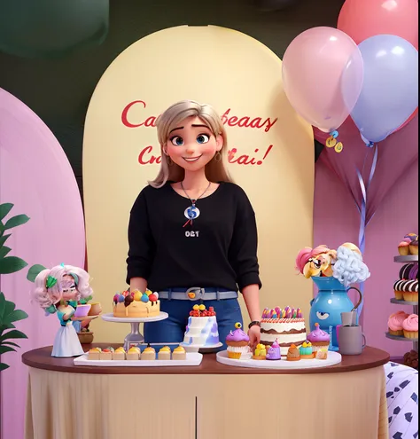 mulher em estilo pixar, sorrindo, com cabelo castanho claro na altura dos ombros, olhos castanhos, Wearing black t-shirt and jeans behind a birthday table with cake, Sweets and balloons