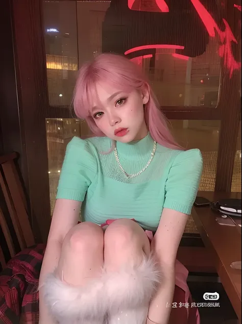 Menina de Araffe com cabelo rosa sentado em uma cadeira em um quarto, linda Delphine, verde e rosa, menina bonito com cabelo rosa curto, com cabelo rosa, corpo chiclete, inspirado em Yanjun Cheng, rosa e verde, Parque Roseanne do Blackpink, pastel colorido...