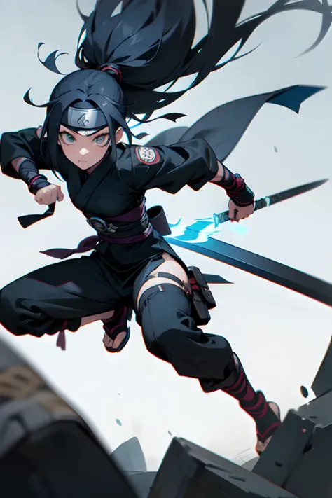 Design a female ninja character with features inspired by the Naruto universe. She is a determined and agile ninja who specializes in lightning-style jutsu. Her appearance should include a dark blue, form-fitting ninja outfit with silver trim, along with a...