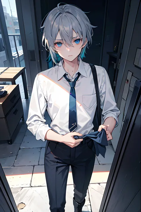 he is Meduim build, messy grey hair, blue eyes, had a scar on his left eye,170 cm tall, wearining white shirt, dark blue tie, black pants and Black military boots