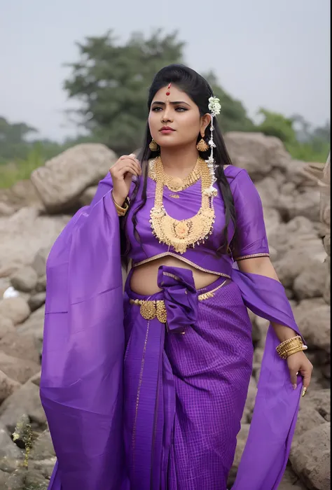 a woman in a purple outfit standing in front of a pile of rocks, traditional beauty, draped in silky purple and gold, wearing an elegant tribal outfit, traditional clothes, traditional dress, dressed in a sari, draped in purple and gold silk, indian, tradi...