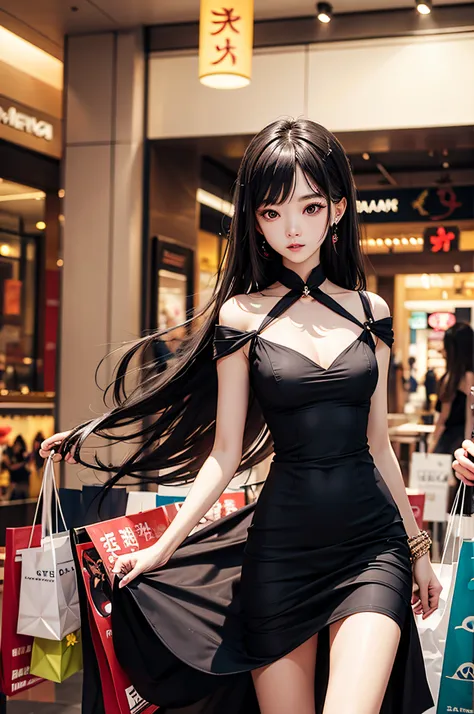 very hot sexy asian girl, little black dress, shopping mall