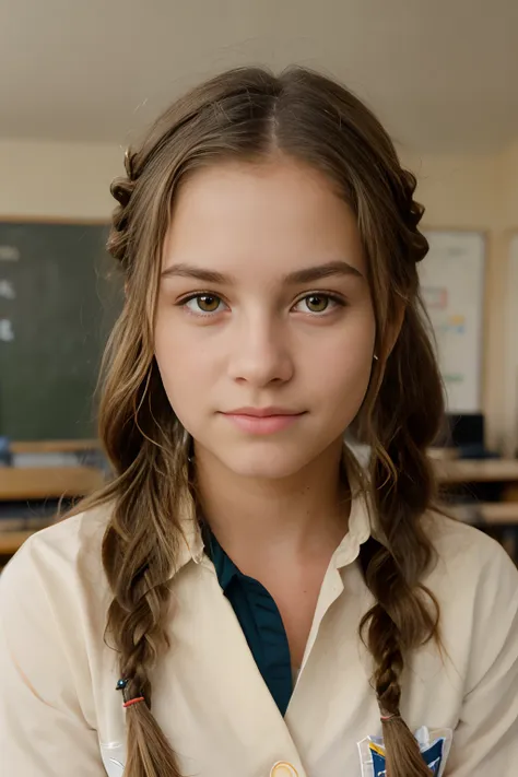 studio photo, elementary school, braided hair, mussed hair, blondy europen appearance, professional photographer, subsurface sca...