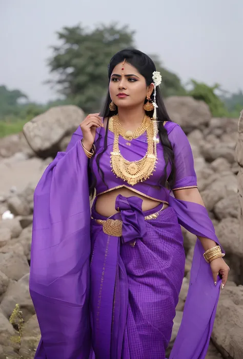 a woman in a purple outfit standing in front of a pile of rocks, traditional beauty, draped in silky purple and gold, wearing an elegant tribal outfit, traditional clothes, traditional dress, dressed in a sari, draped in purple and gold silk, indian, tradi...