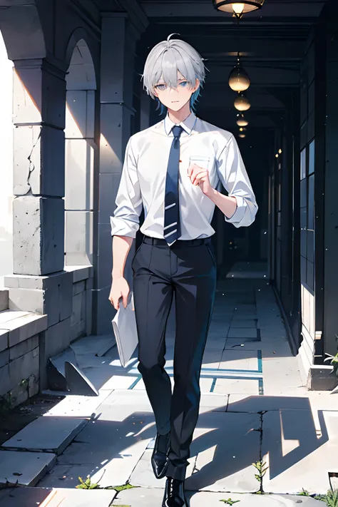 he is Meduim build, messy grey hair, blue eyes, had a scar on his left eye,170 cm tall, wearining white shirt, dark blue tie, black pants and Black military boots