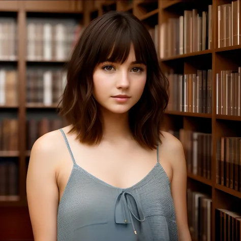 , young, brunette, short hair, facing me, in a library, realistic, 4k,