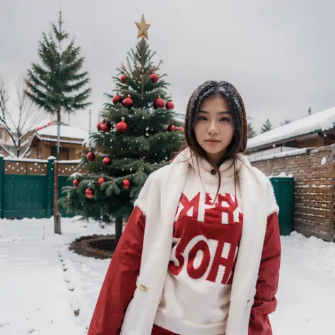 Beautiful Asian Female with a Sexy Christmas Clothing in the snow with a Christmas tree behind the background